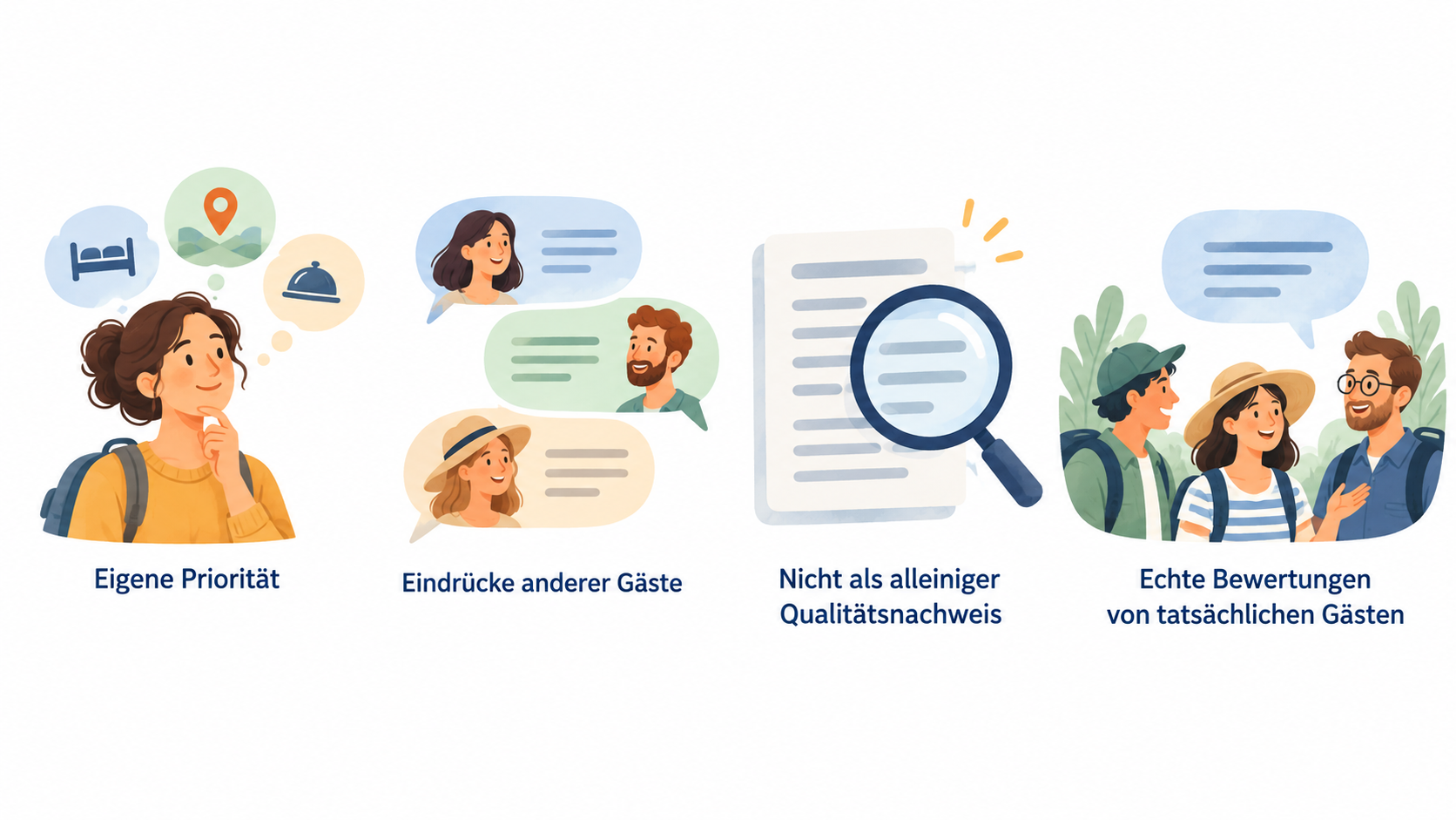 Eine einzelne horizontale Reihe aus vier Icons mit den Labels „Eigene Priorität“, „Aktuelle Rezensionen“, „Nachvollziehbare Details“ und „Buchungsbedingungen“.