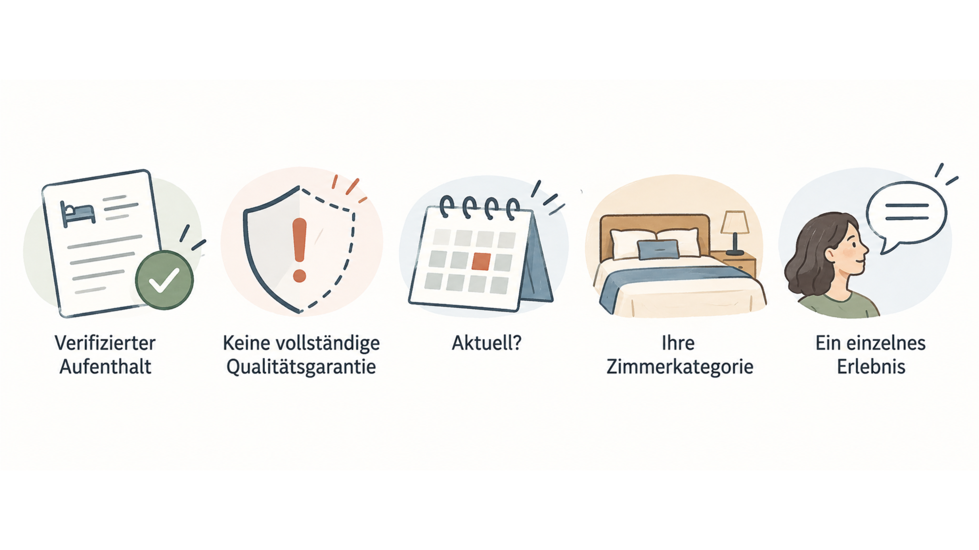 Eine einzelne horizontale Reihe aus fünf Icons mit den Labels „Verifizierungskennzeichnung“, „Datum“, „Reiseart“, „Detailgrad“ und „Wiederkehrende Aussagen“.