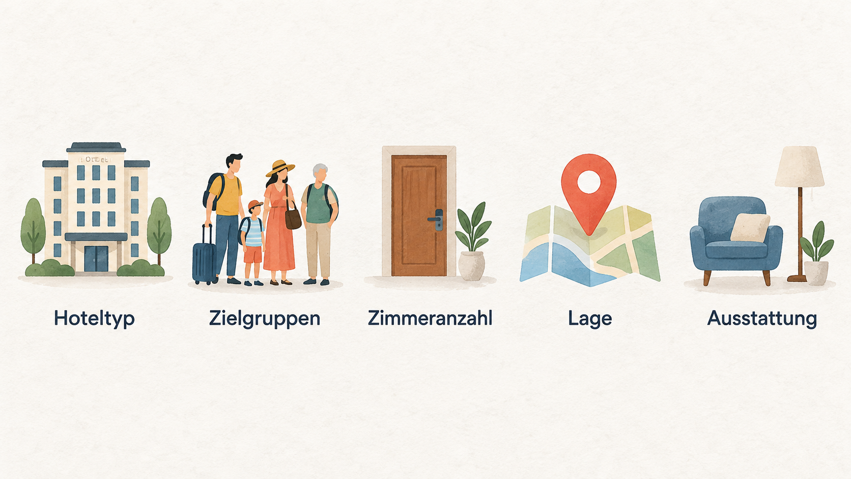 Eine nummerierte Checkliste mit den fünf im Abschnitt genannten Prüfpunkten: Hoteltyp und Zielgruppen; Lage und Ausstattung; Verfügbarkeit der gewünschten Zimmerart; Leistungen im Tarif; Endpreis.