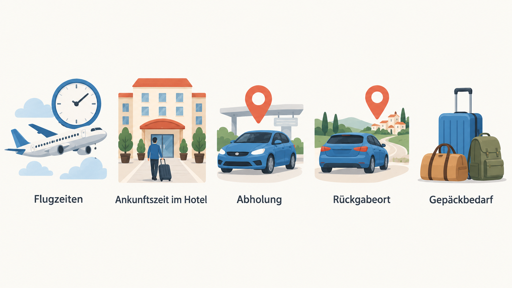 Eine einzelne Reihe aus fünf Symbolen mit den im Abschnitt genannten Punkten Flugzeiten, Ankunftszeit im Hotel, Abholung, Rückgabeort und Gepäckbedarf.