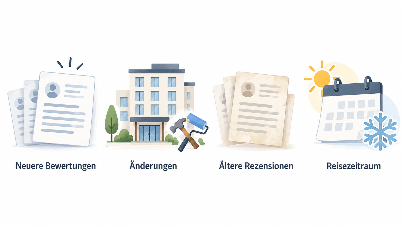 Eine einzelne horizontale Reihe aus fünf Icons mit den Labels „Neuere Bewertungen“, „Reisezeitraum“, „Reiseanlass“, „Mehrere aktuelle Stimmen“ und „Unterkunft direkt kontaktieren“.
