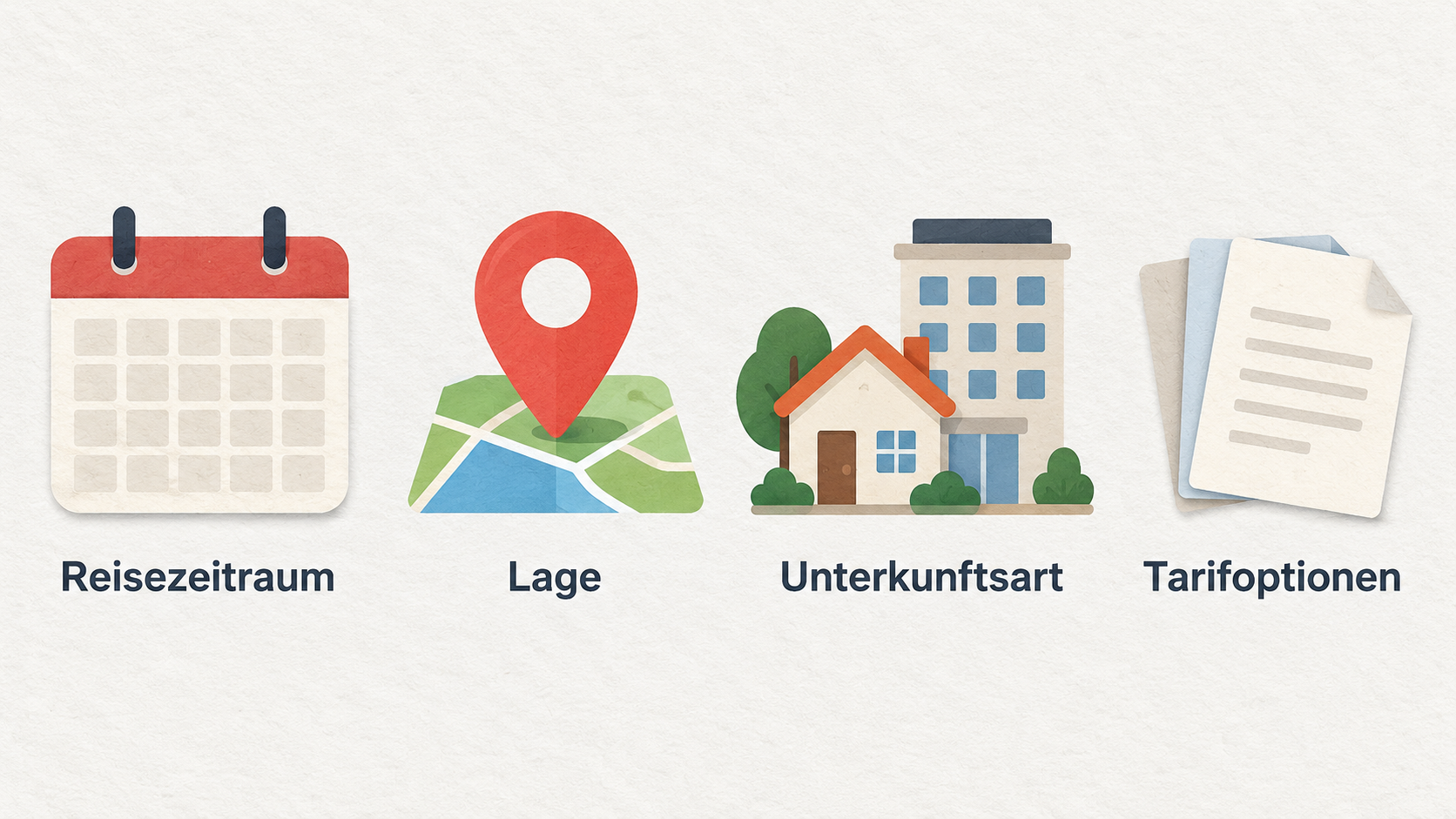 Show one row of icons labeled with the four search factors the section says a booking portal helps include in a shortlist.