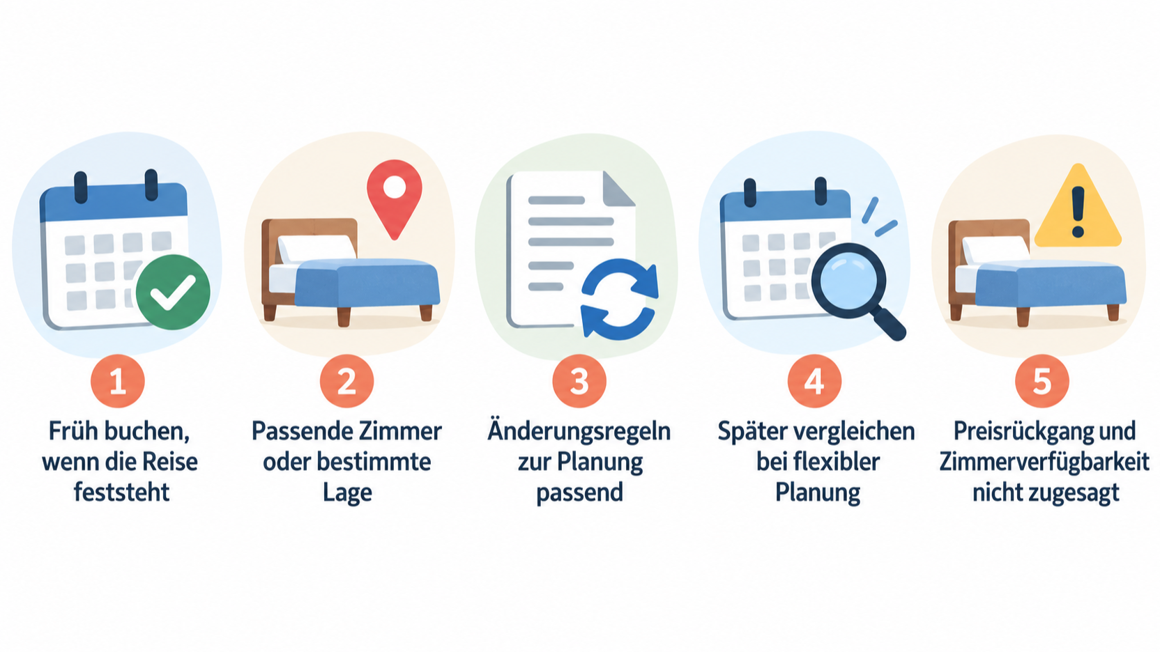 Eine einzelne Reihe aus fünf Icons mit kurzen Labels für die genannten Vergleichspunkte eines später gefundenen Angebots: Endbetrag; Frühstück; Zahlungszeitpunkt; Zimmerart;
