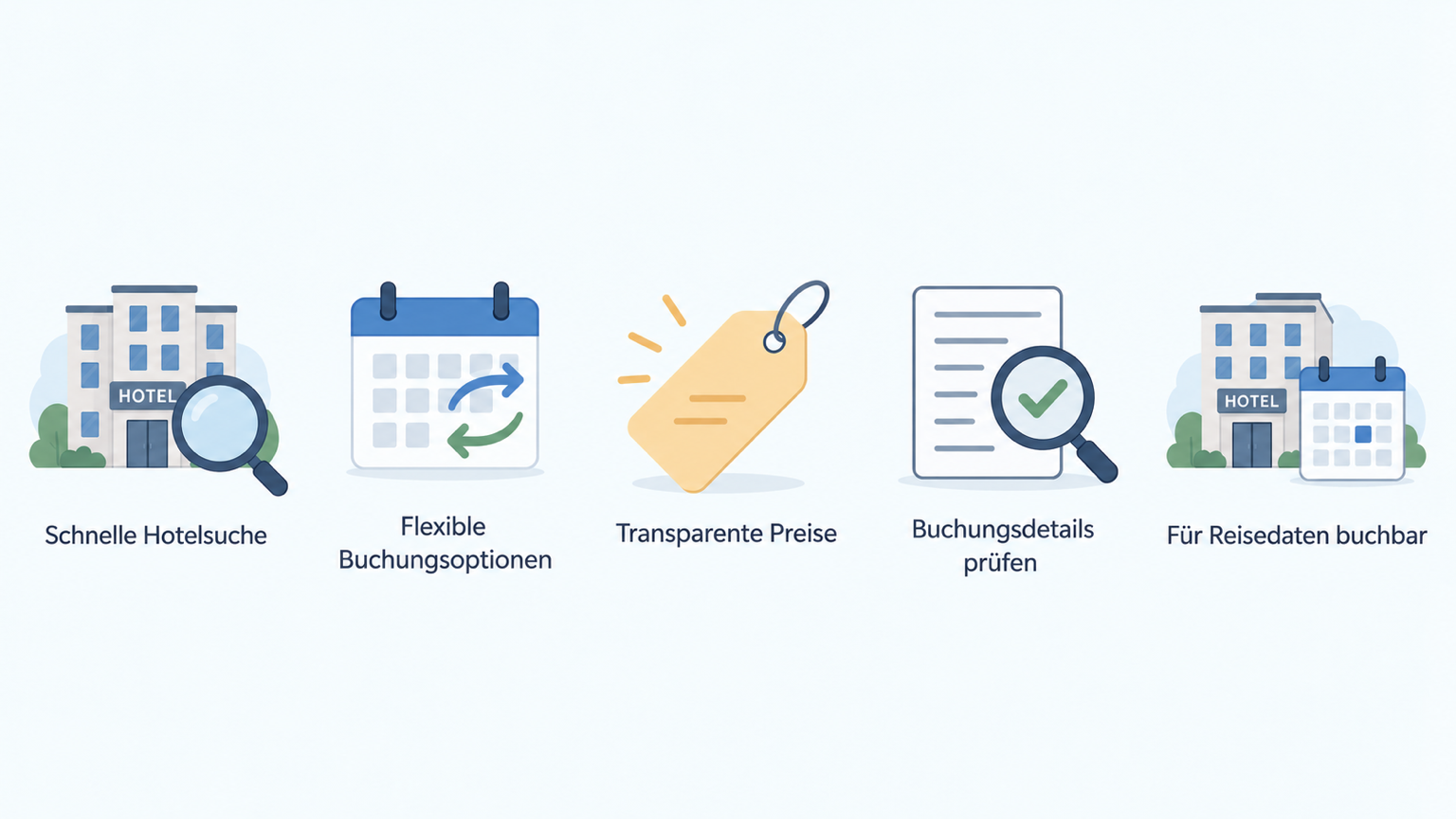 Eine einzelne Reihe aus genau fünf Icons mit den im Abschnitt genannten HRS-Funktionen: schnelle Hotelsuche, flexible Buchungsoptionen, transparente Preise, relevante Filter und