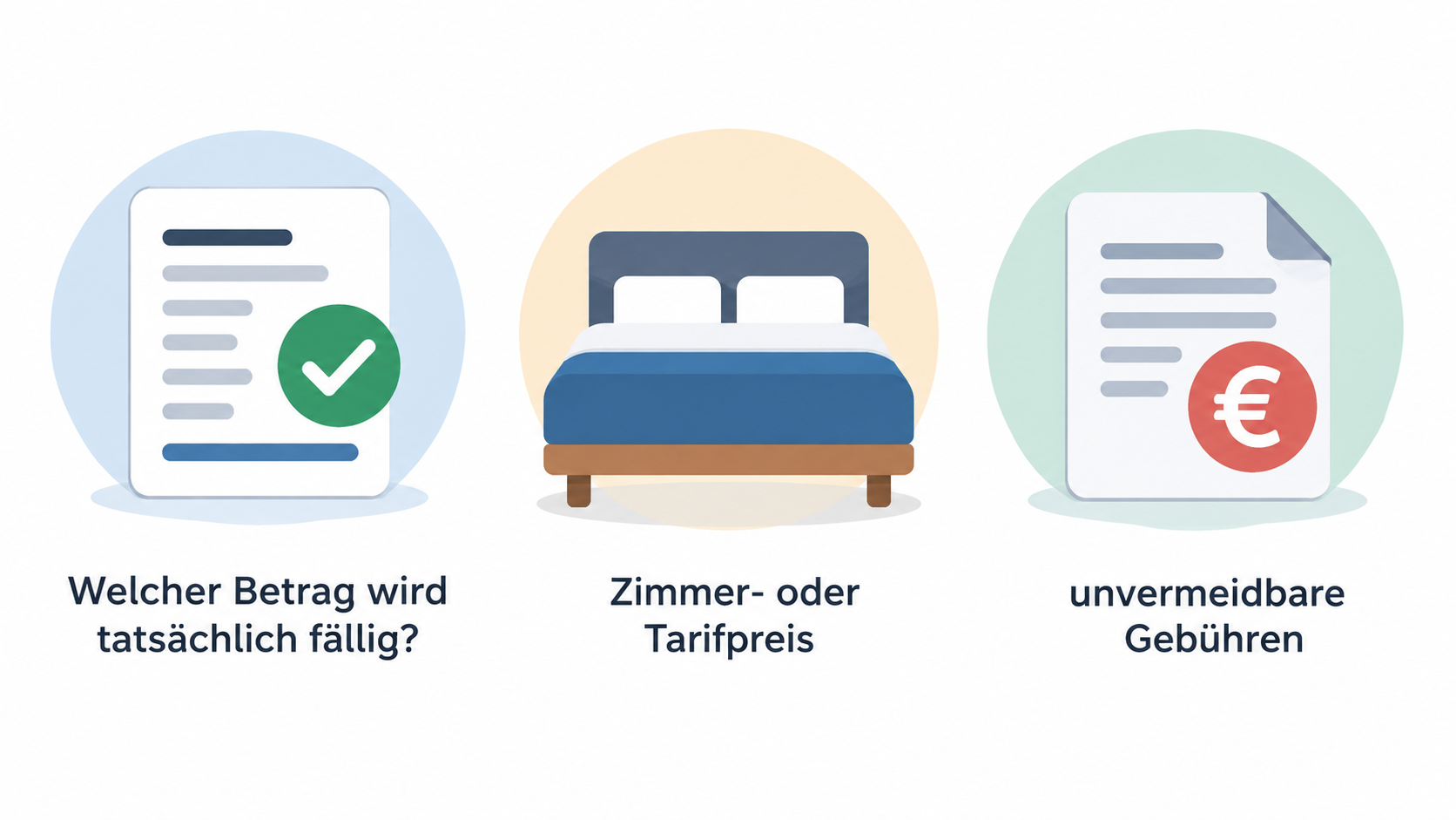 Eine einzelne Reihe mit vier Icons, die die genannten Preisposten zeigt: „Zimmer- oder Tarifpreis“, „unvermeidbare Gebühren“, „Steuern oder Abgaben“ und „freiwillige Extras“.