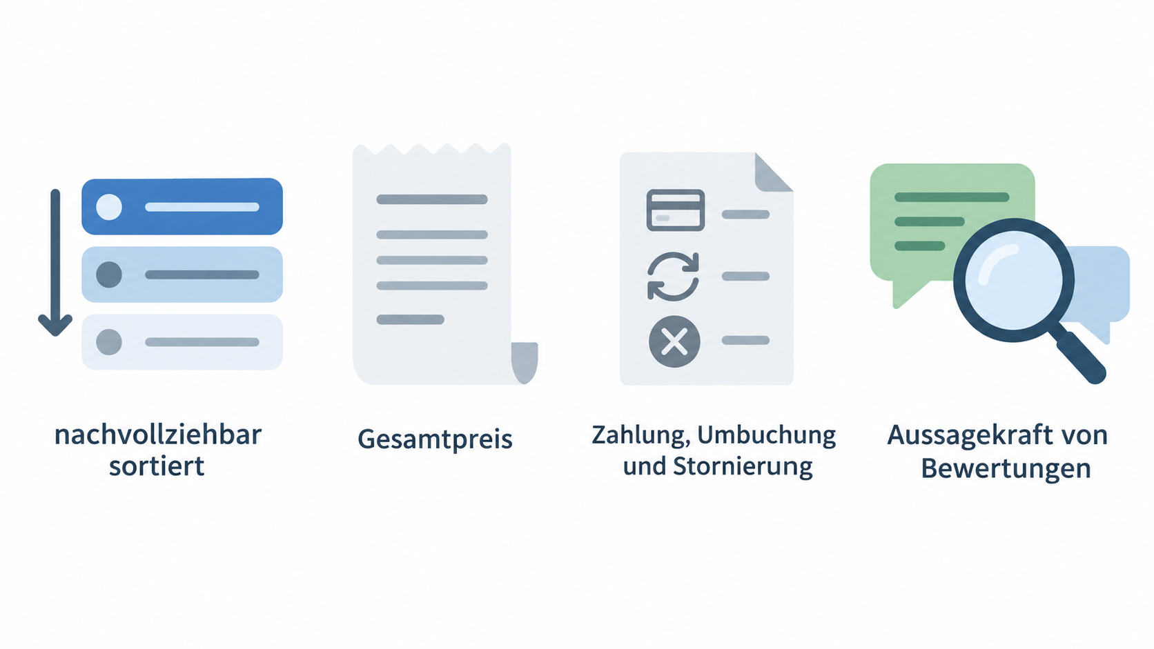 One row of five icons labeled with the section’s stated evaluation checks: sorting, total price, payment and change or cancellation conditions, review reliability, and help with problems.