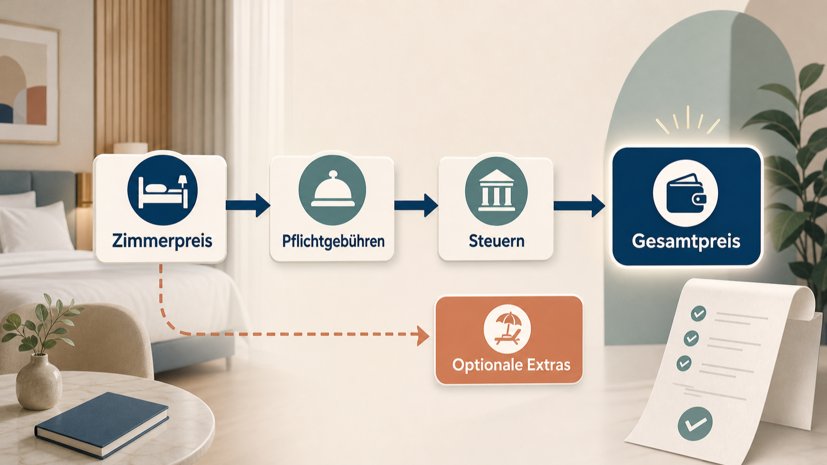 Redaktionelle Illustration zu Echte Hotelangebote erkennen: Gebühren, Bedingungen und Vergleichspreise prüfen